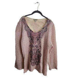 One World Pale Pink Lightweight Lace Back Mixed Media V Neck Sweater Size 2X